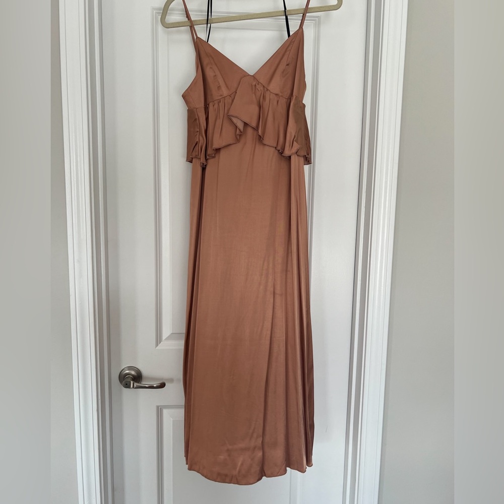 H&M bronze brown satin ruffle midi dress size 6